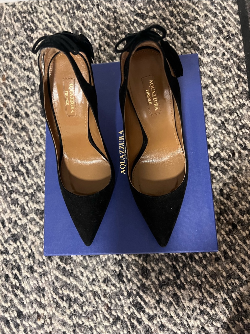 Aquazzura Black Suede Pointed Toe Slingback Pumps with Ankle Tie